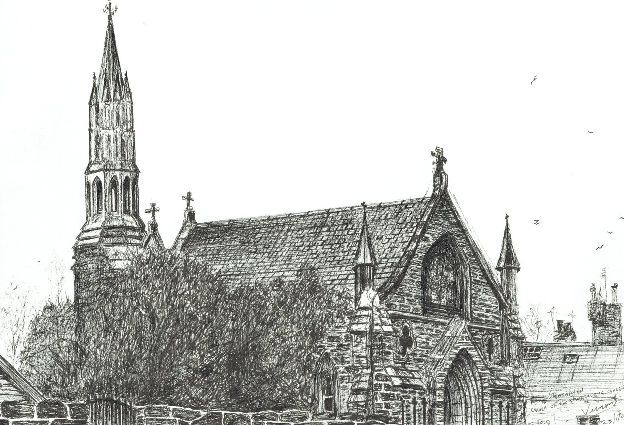 Church at Stonehaven, Skottland, 2007, (blekk på papir) av Vincent Alexander Booth