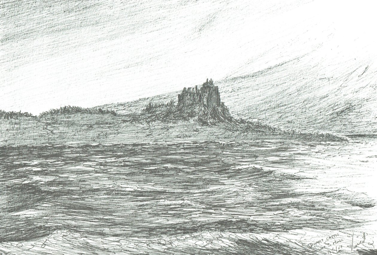 Duart Castle fra ferge;2007; (blekk på papir) av Vincent Alexander Booth