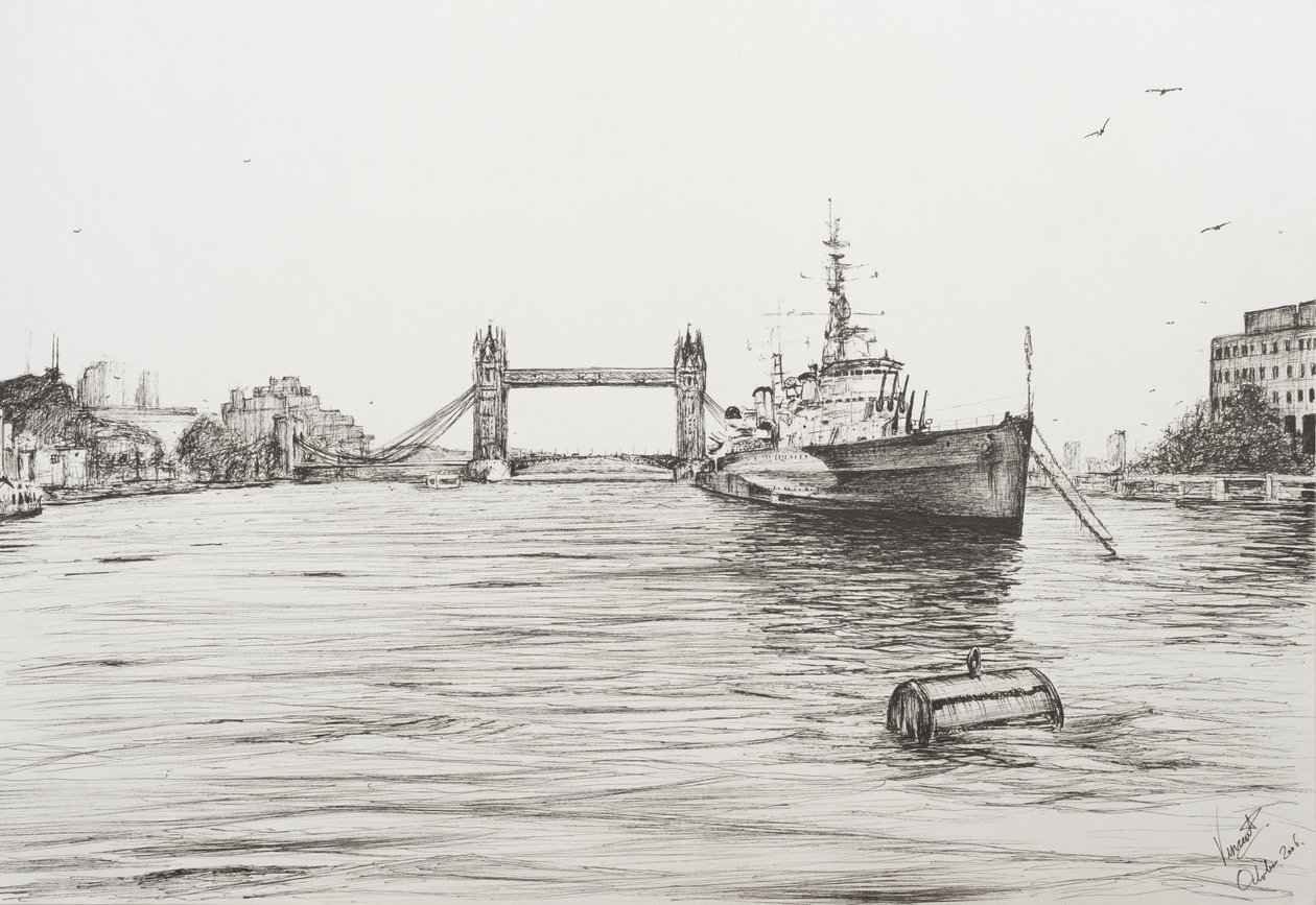 HMS Belfast ved Themsen London, 2006, (blekk på papir) av Vincent Alexander Booth
