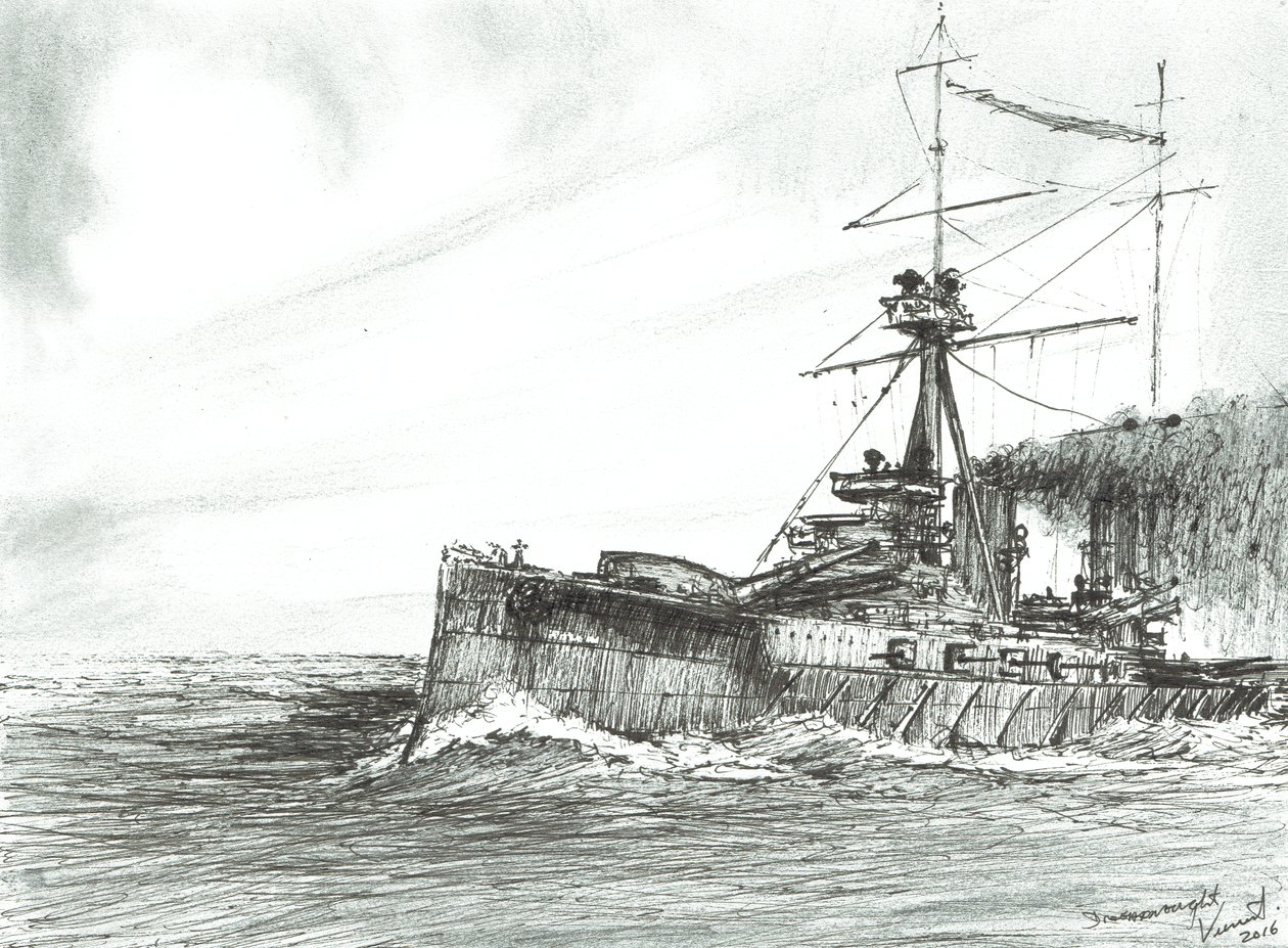 HMS Dreadnought til sjøs, 2017, (blekk på papir) av Vincent Alexander Booth