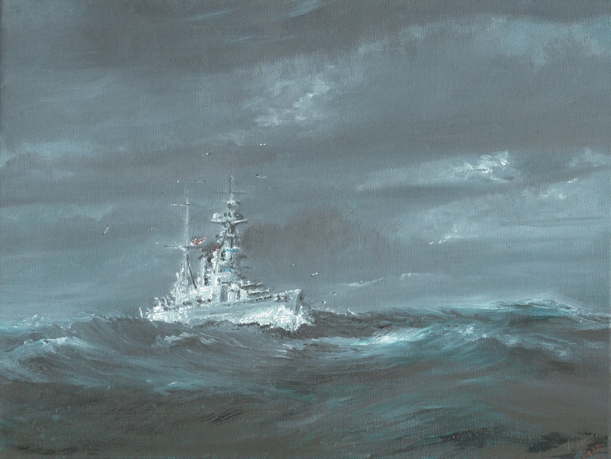HMS Hood utenfor Skottlands kyst 1920-tallet; 2019; (olje på lerretstavle) av Vincent Alexander Booth
