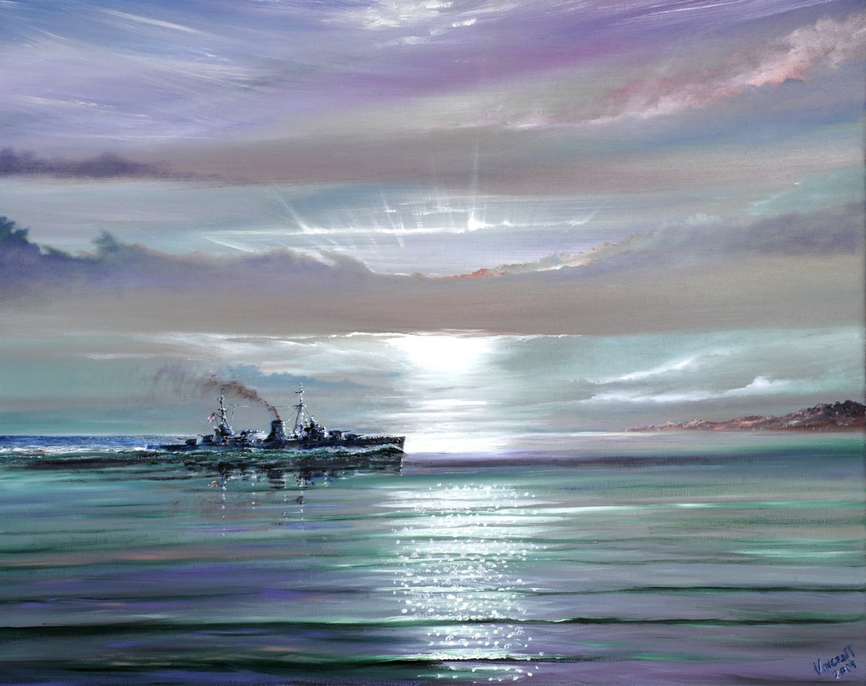 HMS Neptune, Middelhavet desember 1941, 2019 (olje på lerret) av Vincent Alexander Booth