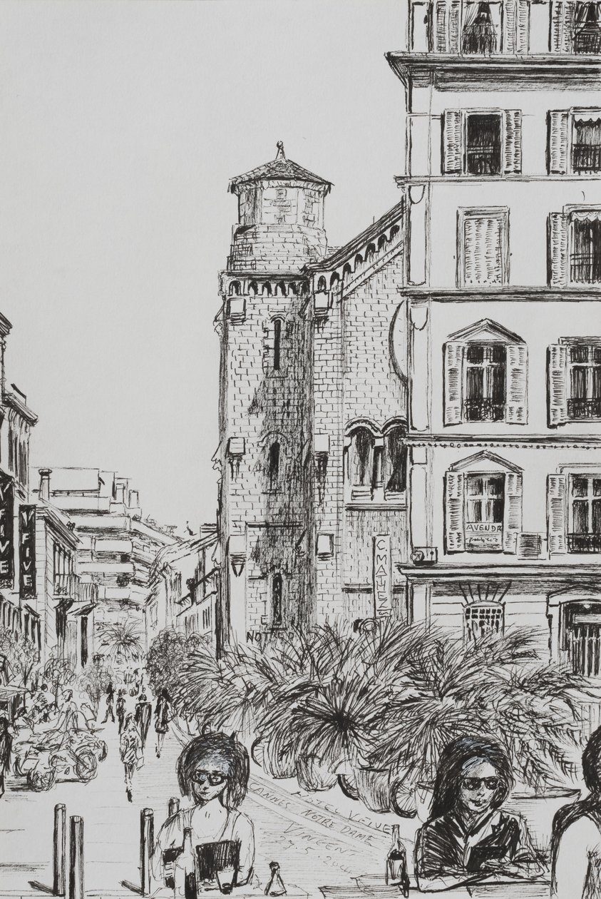 Hotel 5 og Notre Dame Cannes, 2014, (blekk på papir) av Vincent Alexander Booth