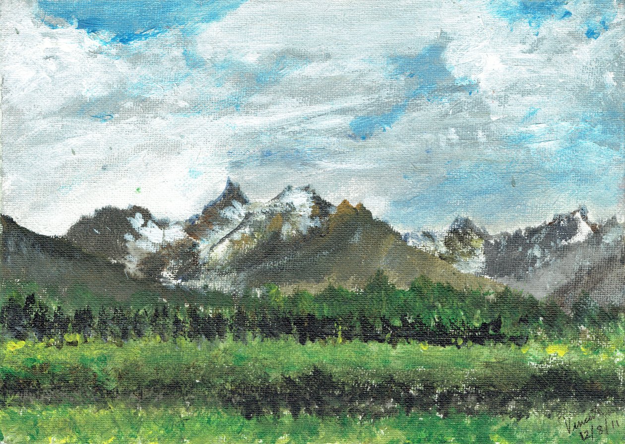 Hotellutsikt på Crans, 2011, (akryl på lerretstavle) av Vincent Alexander Booth