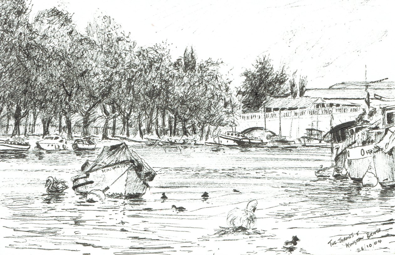 Kingston Bridge London, 2004, (blekk på papir) av Vincent Alexander Booth