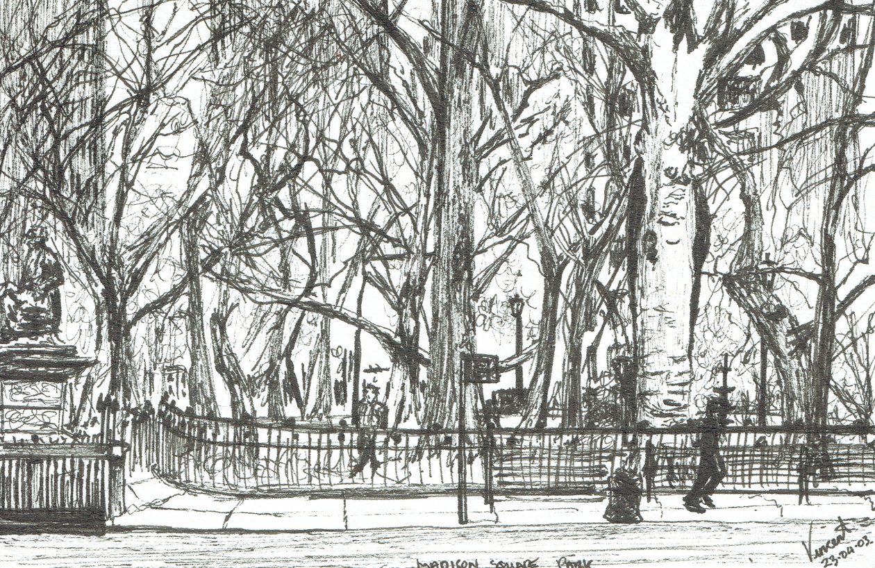 Madison square park New York, 2003, (blekk på papir) av Vincent Alexander Booth