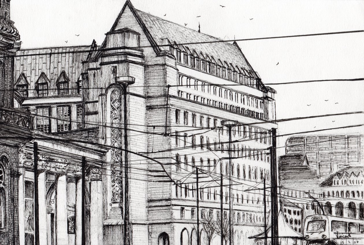 Manchester Town Hall, 2007, (blekk på papir) av Vincent Alexander Booth