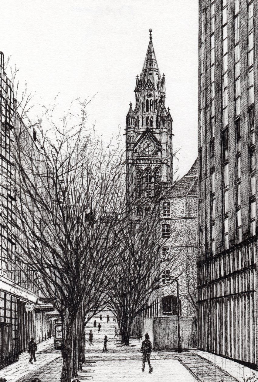 Manchester Town Hall fra Deansgate, 2007, (blekk på papir) av Vincent Alexander Booth