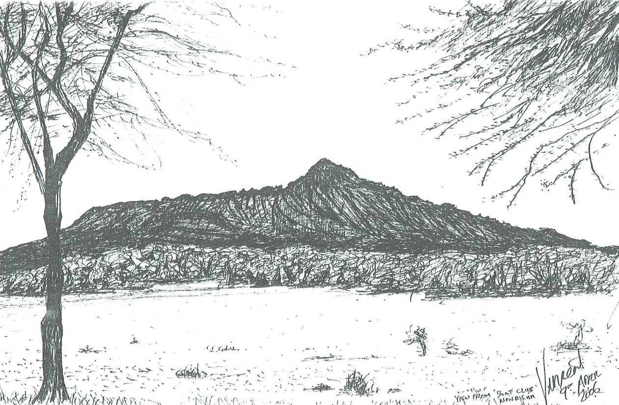 Fjell fra båtklubb ved innsjøen Naivasha, Kenya; 2006 av Vincent Alexander Booth