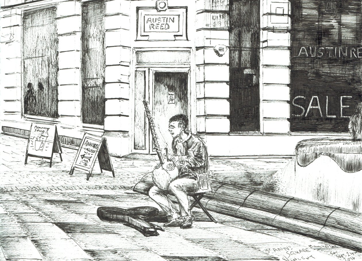 Musiker St. Anns Square, 2016, (blekk på papir) av Vincent Alexander Booth