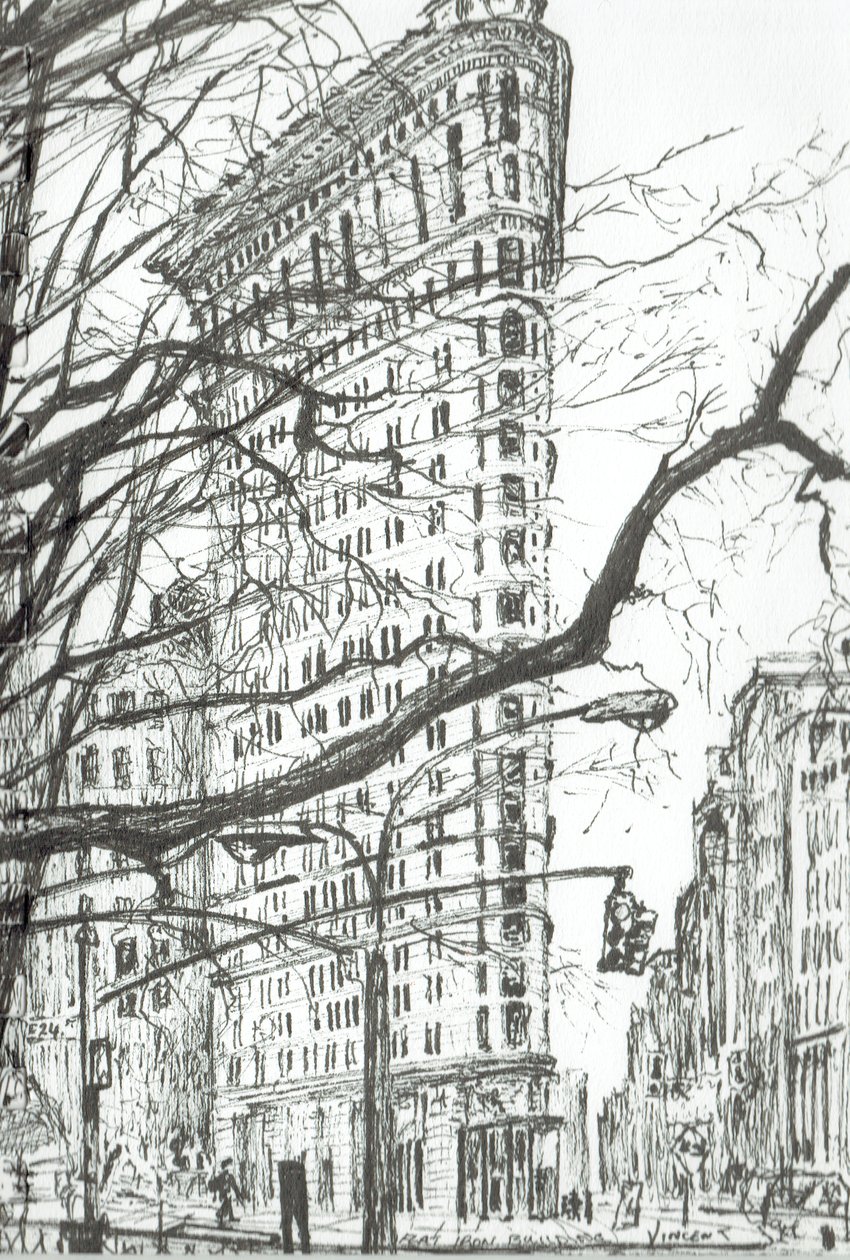New York Flat Iron Building, 2003, (blekk på papir) av Vincent Alexander Booth