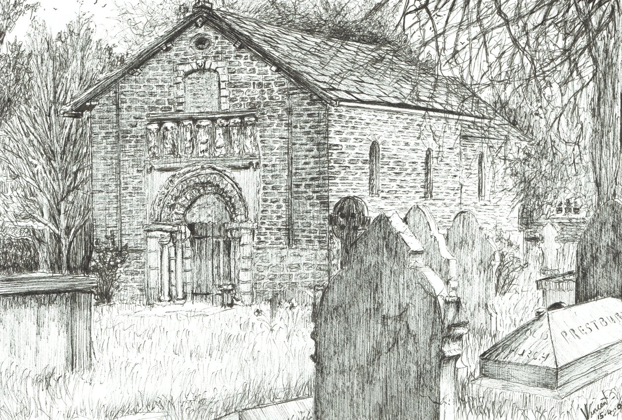 Old Church, Prestbury, 2009, (blekk på papir) av Vincent Alexander Booth
