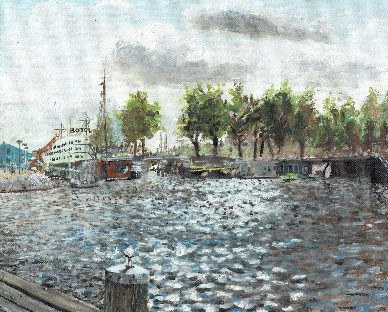 Oosterdok Amsterdam, 1999, (akryl på lerretstavle) av Vincent Alexander Booth