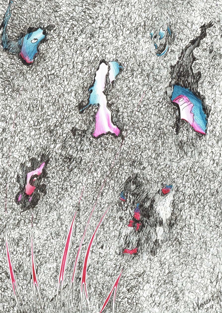 Paleheads, 2017, (blekk på papir) av Vincent Alexander Booth