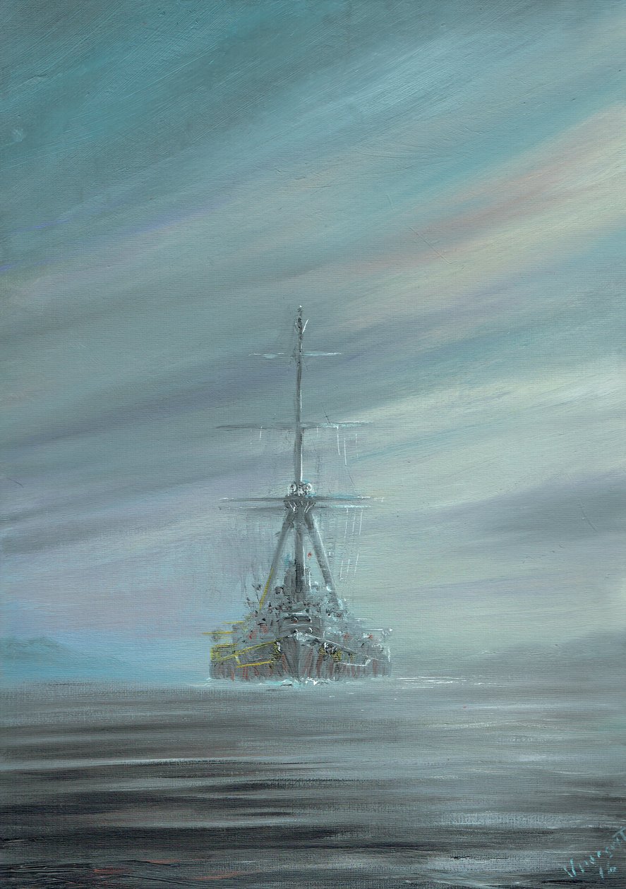 SMS Derfflinger Scapa Flow 1919, 2016, (oljeblekk på lerretstavle) av Vincent Alexander Booth