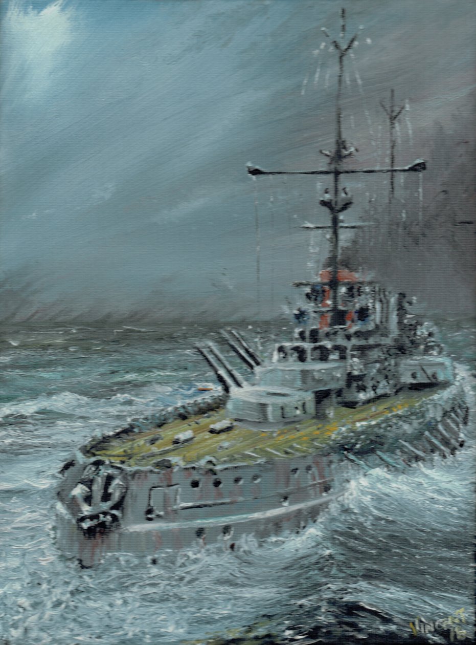 SMS Friedrich der Grosse på Jylland 1916, 2016, (olje på lerretstavle) av Vincent Alexander Booth