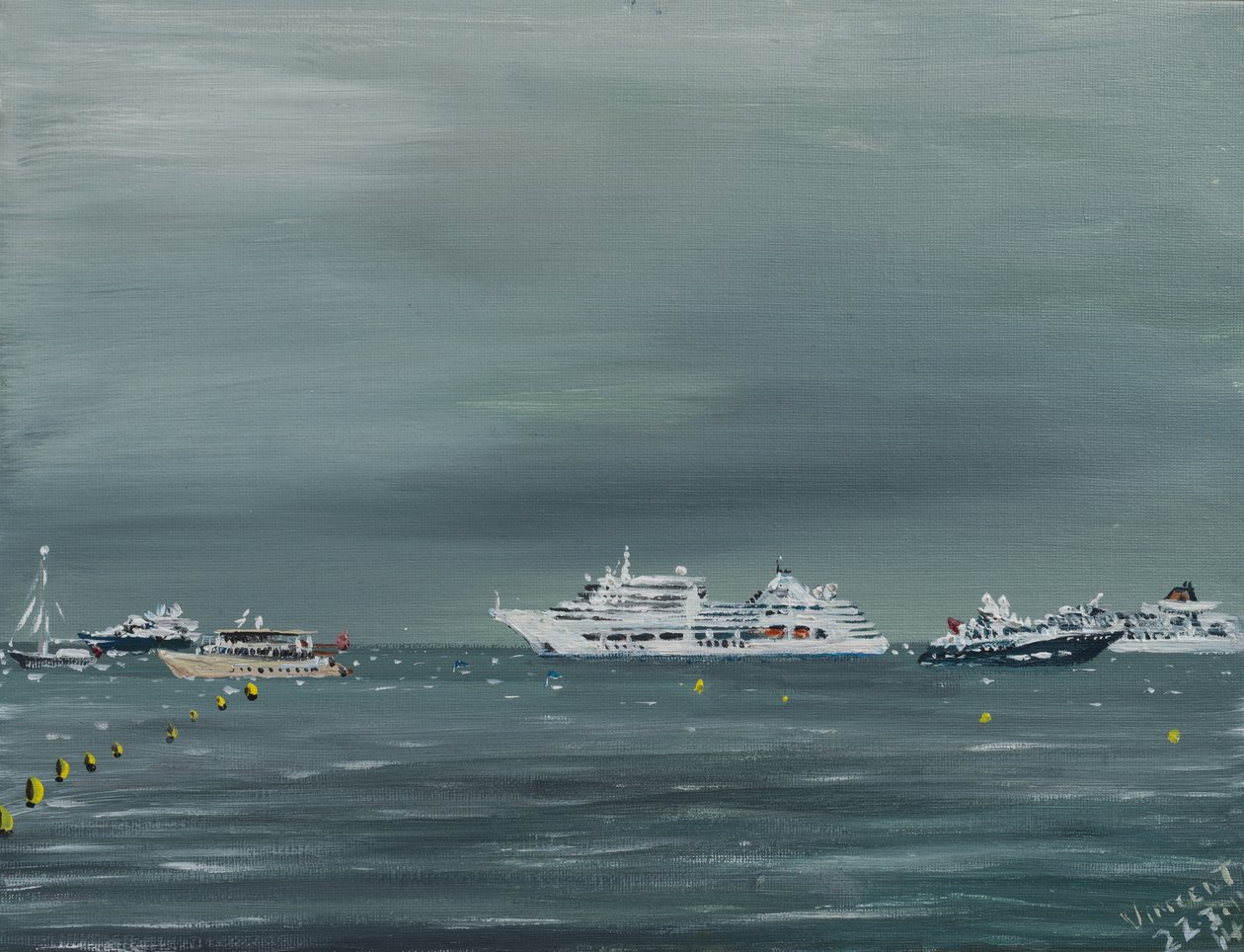 Skip og båter i Cannes, 2014, (akryl på lerretsbrett) av Vincent Alexander Booth