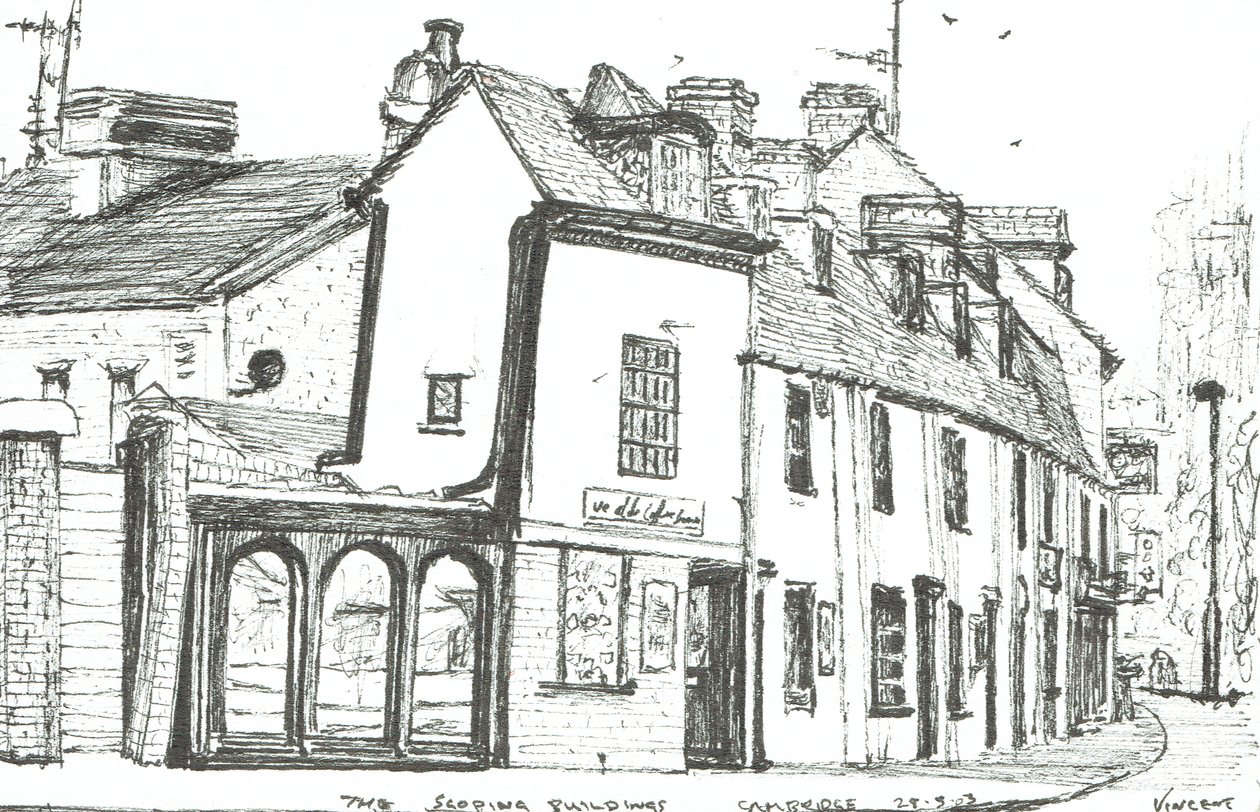 Skrånende bygninger Cambridge, 2003, (blekk på papir) av Vincent Alexander Booth