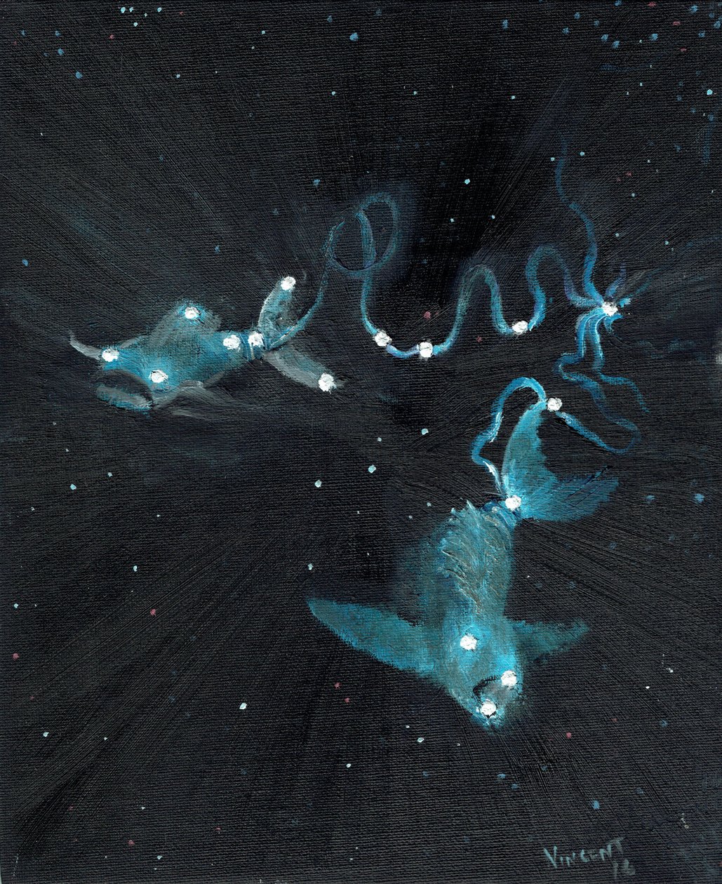 Stjernetegn Fiskene, 2016, (olje på lerretstavle) av Vincent Alexander Booth