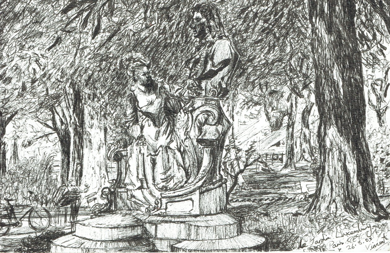 Statue i Jardin Luxembourg Paris, 2003, (blekk på papir) av Vincent Alexander Booth