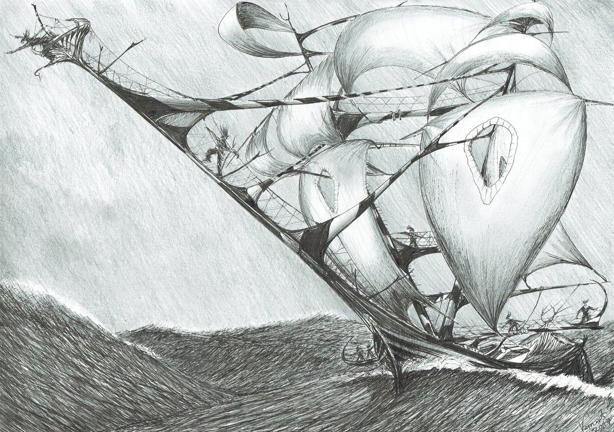 Storm Creators Caspian Sea, 2017, (blekk på papir) av Vincent Alexander Booth