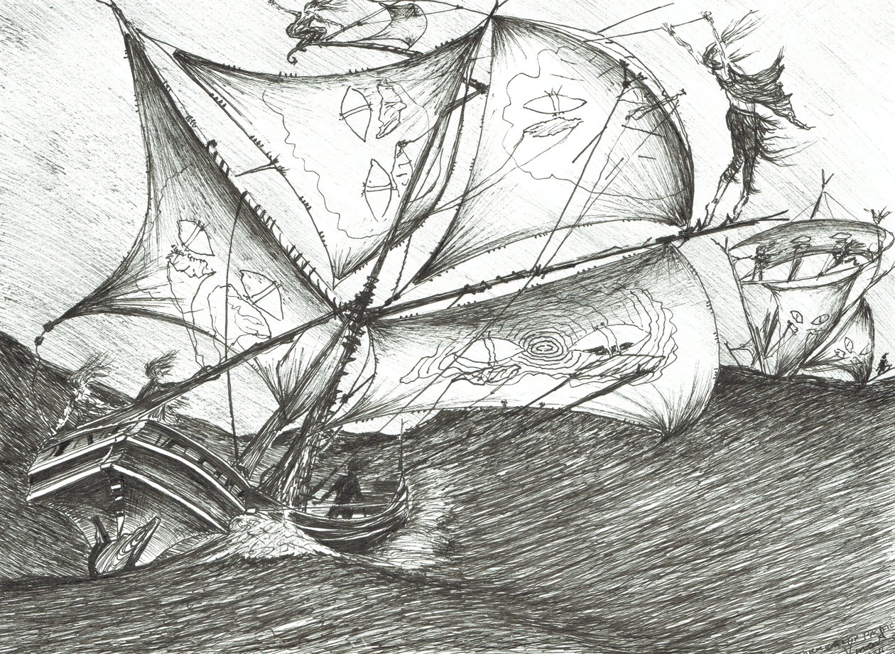 Storm Creators Indiahavet, 2017, (blekk på papir) av Vincent Alexander Booth