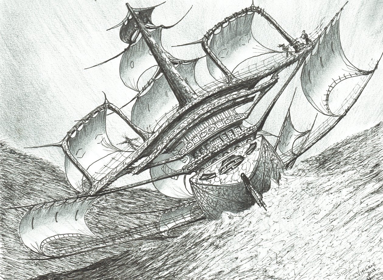 Storm Creators Risser-Larson Sea, 2017, (blekk på papir) av Vincent Alexander Booth