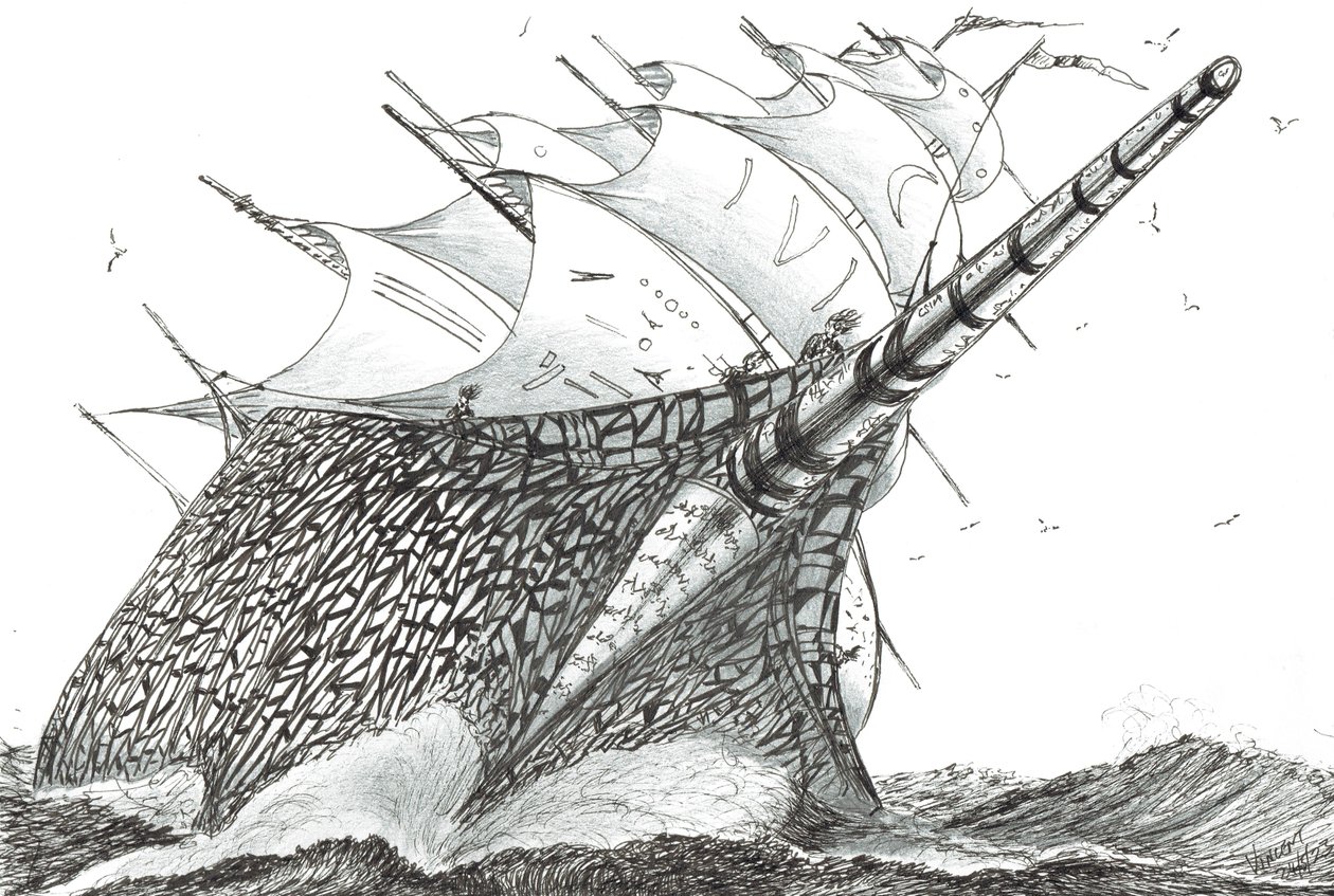 Storm Creators Wellington Strait, 2023 (blekk og blyant på papir) av Vincent Alexander Booth
