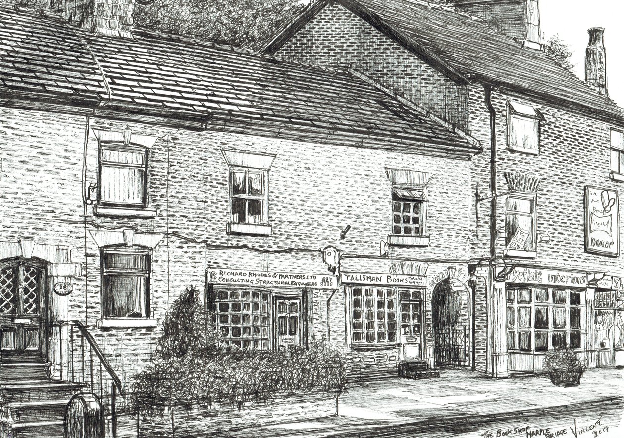 The Book shop at Marple Bridge, 2017, (blekk på papir) av Vincent Alexander Booth