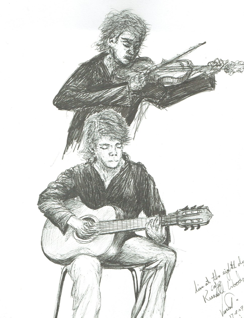 Gitaristen og fiolinisten ved 8th day cafe Manchester, 2007 av Vincent Alexander Booth
