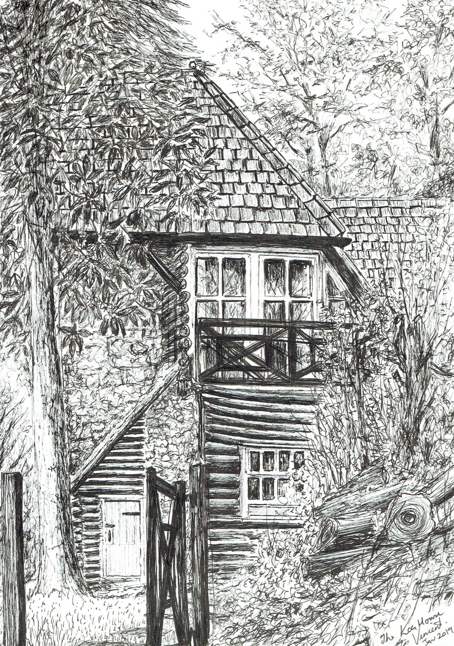 The Log House, 2019, (blekk på papir) av Vincent Alexander Booth