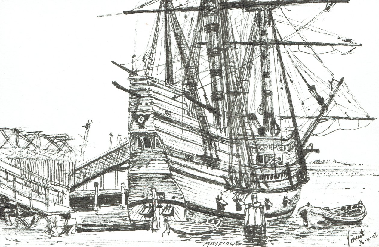 The Mayflower, Plymouth, Massachusetts. 2003, (blekk på papir) av Vincent Alexander Booth