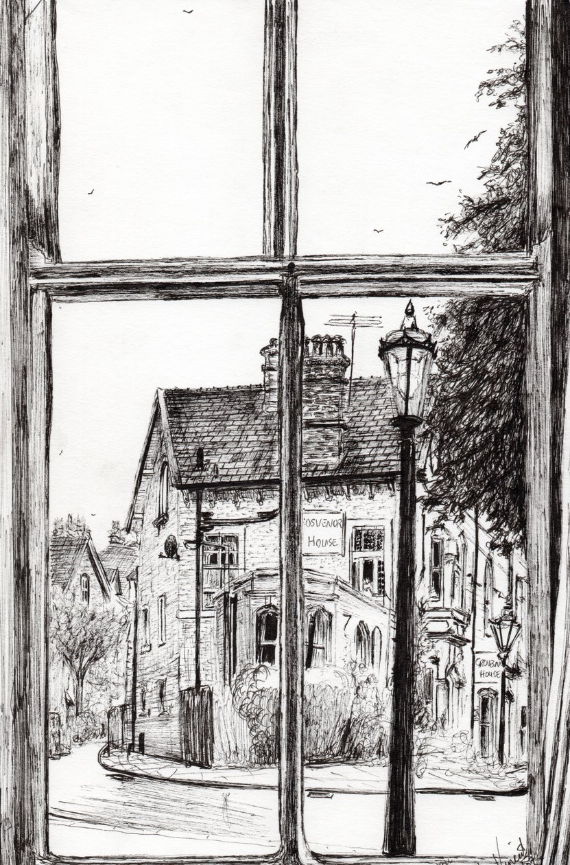 Utsikt fra Old Hall Hotel Buxton, 2009, (blekk på papir) av Vincent Alexander Booth