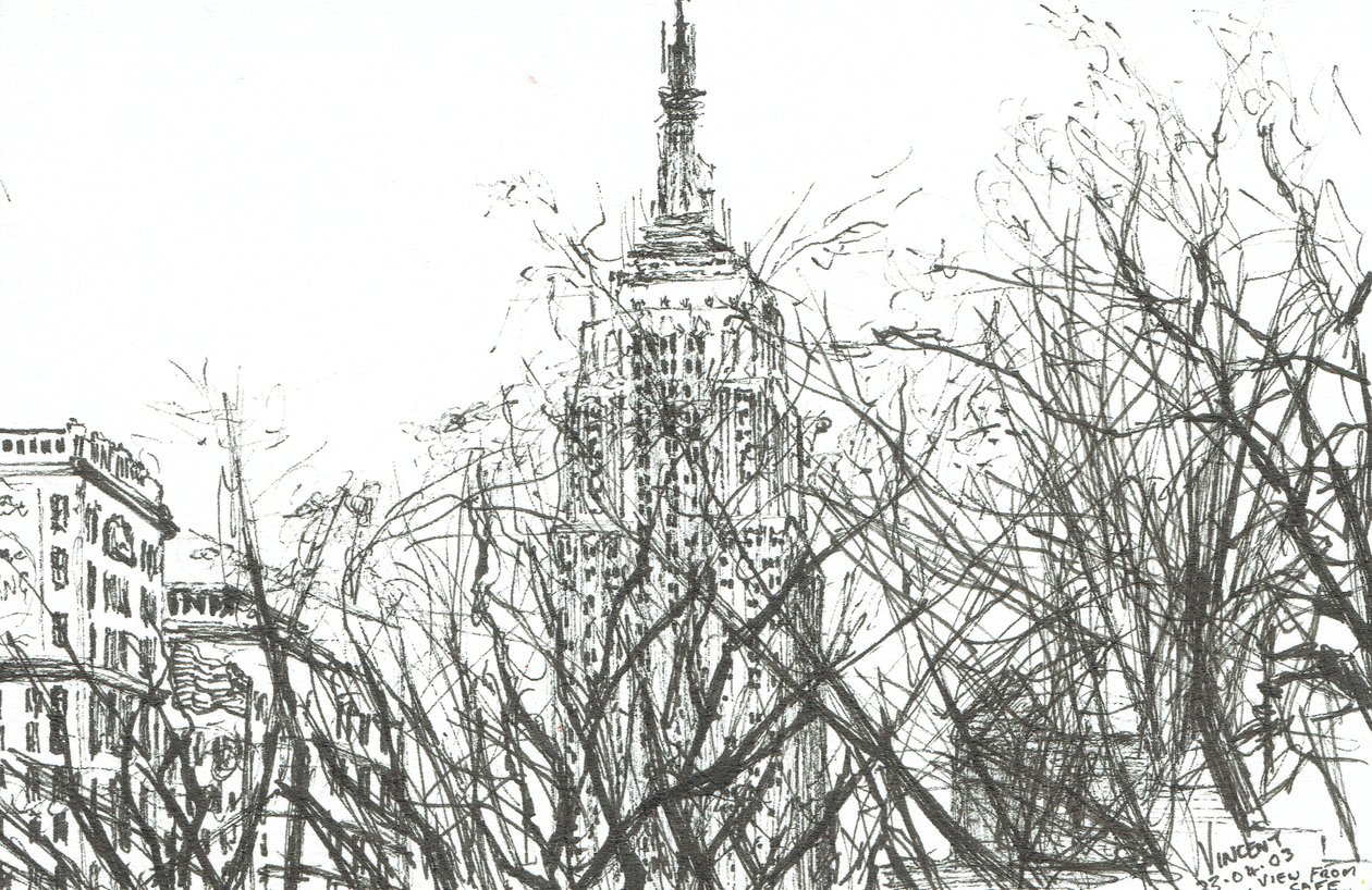 Utsikt fra cafe New York, 2003, (blekk på papir) av Vincent Alexander Booth