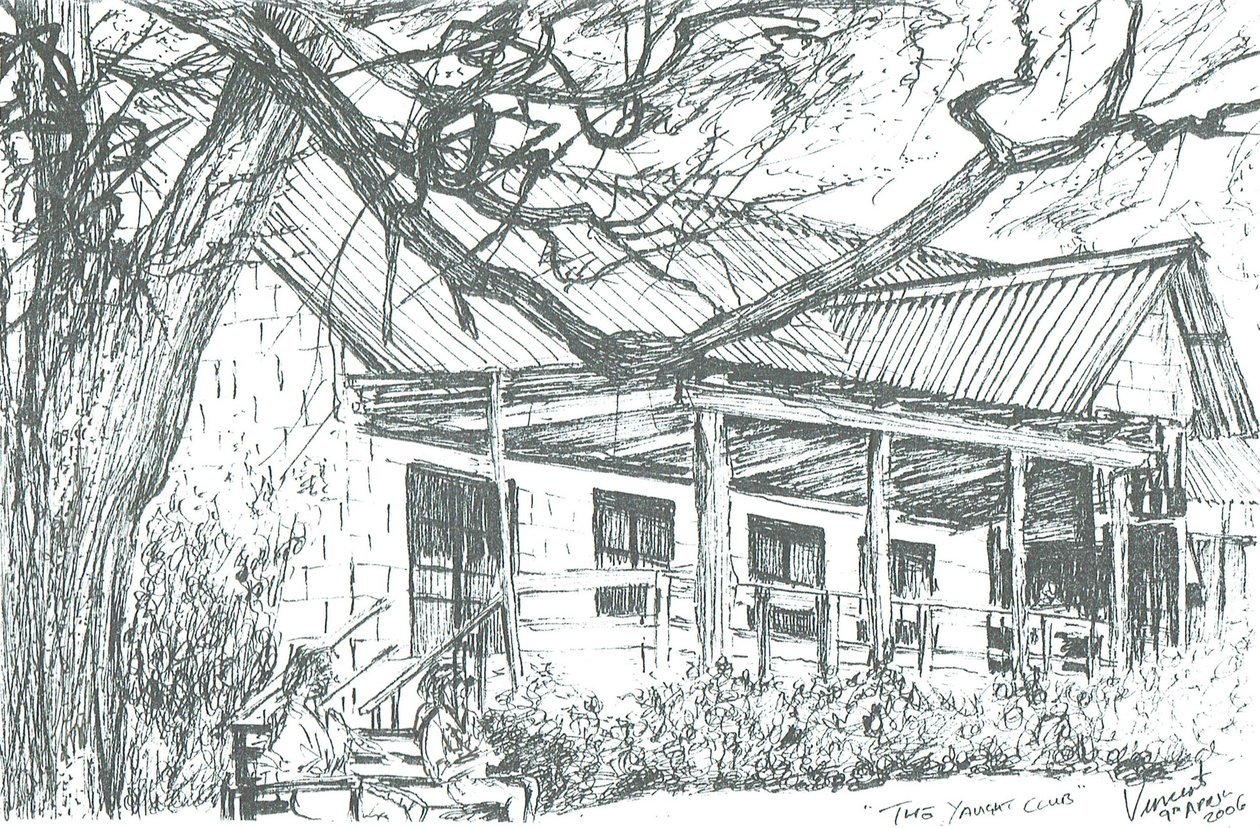 Yachtklubb ved Lake Naivasha;Kenya; 2006; (blekk på papir) av Vincent Alexander Booth