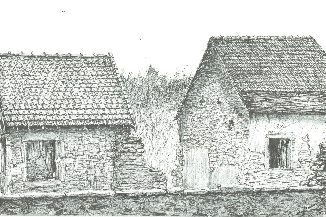 hus nær fransk/sveitsisk grense, 2008; (blekk på papir) av Vincent Alexander Booth