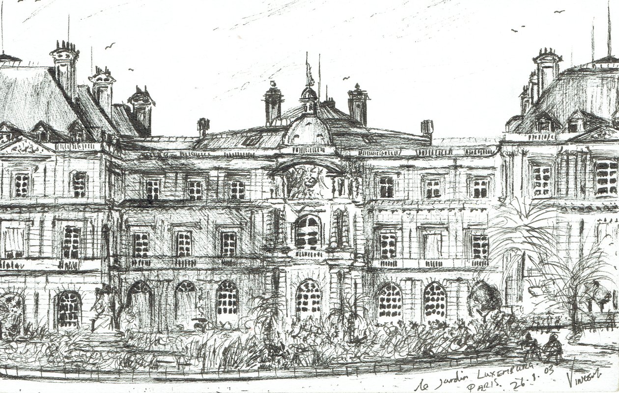 Luxembourg Garden Paris, 2003, (blekk på papir) av Vincent Alexander Booth