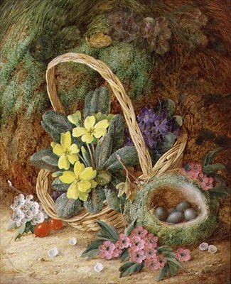 Stilleben med primula og et fuglerede (olje på lerret) av Vincent Clare
