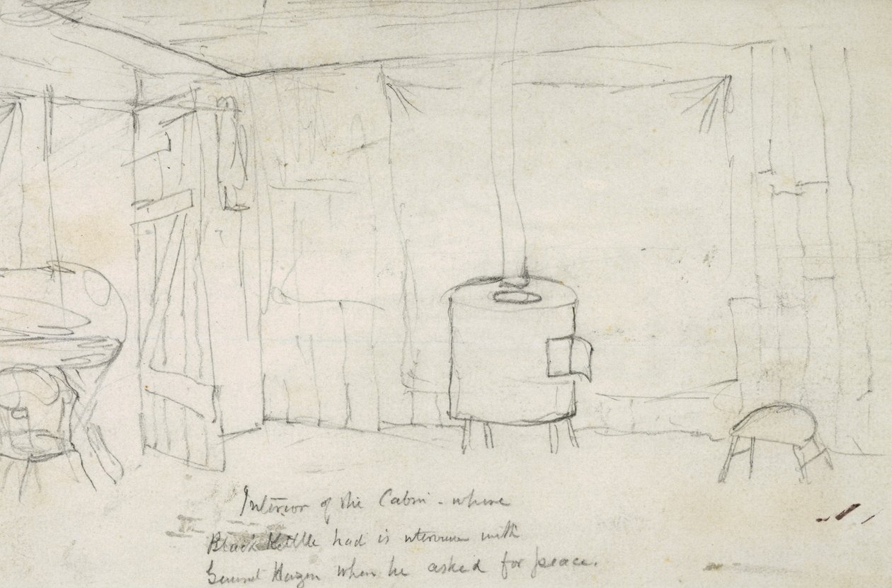 Interiøret i hytta der Black Kettle hadde sin mellomtid med general Hazen da han ba om fred, 1869-71 av Vincent Colyer