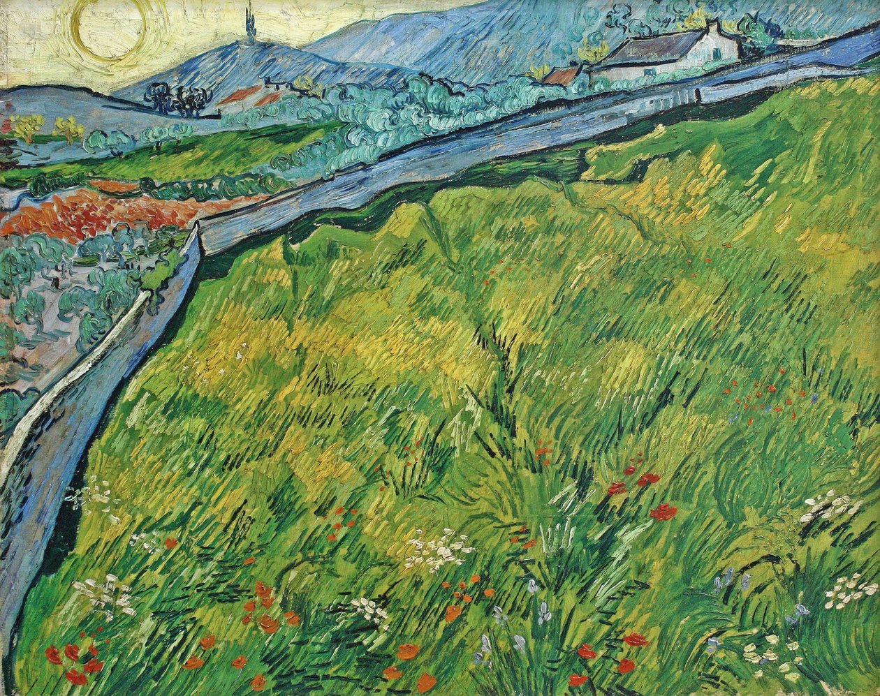 Innelukket hveteåker med stigende sol, 1889. av Vincent van Gogh