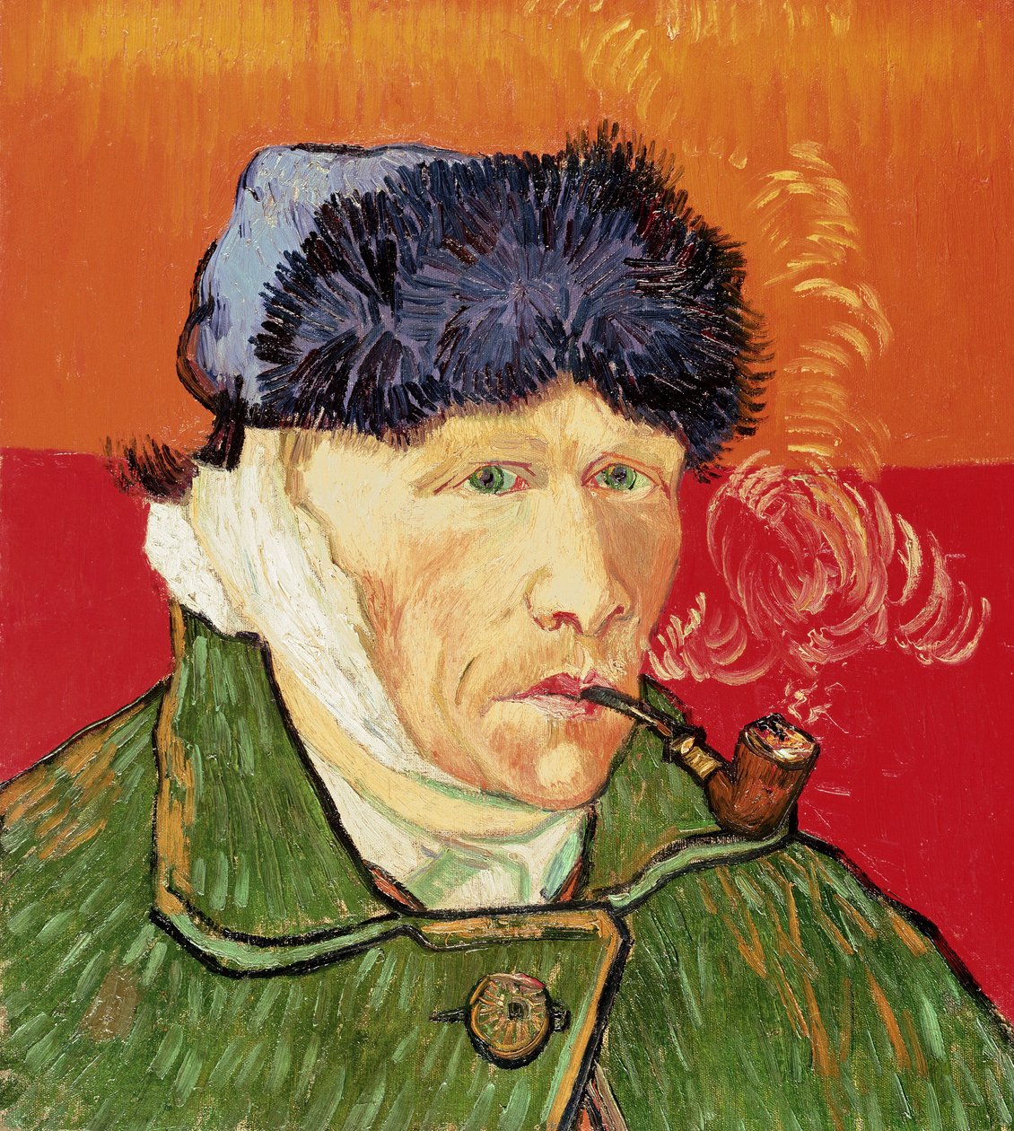 Selvportrett med bandasjert øre og pipe, 1889. av Vincent van Gogh