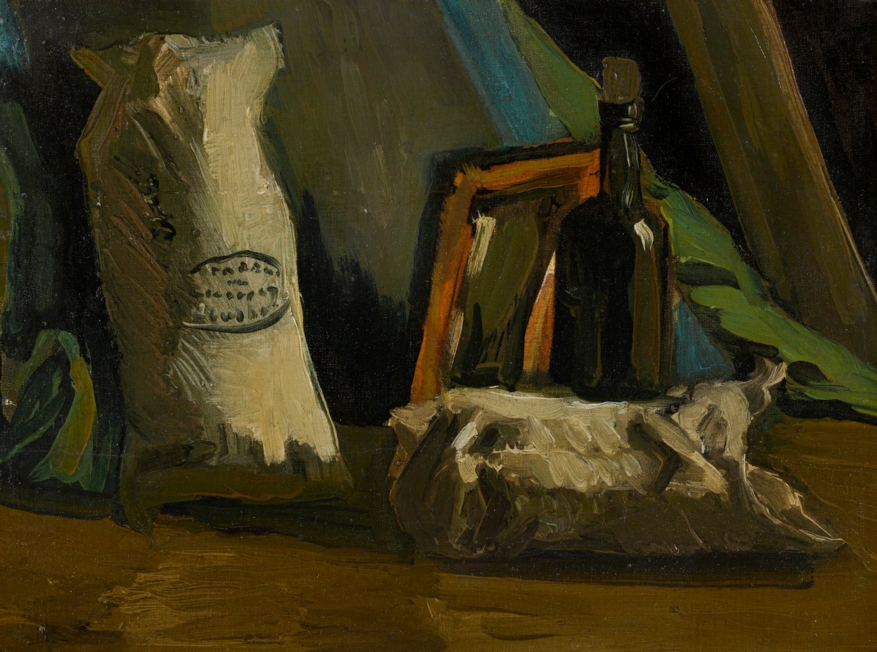 Stilleben med en flaske og to poser, 1884. av Vincent van Gogh