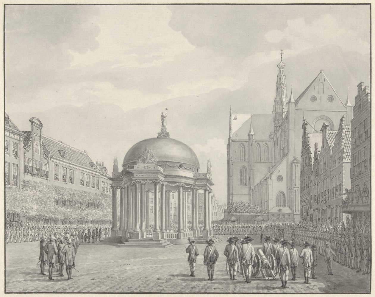 Innleggelsen av regjeringsbestemmelsene på Grote Markt i Haarlem, 5. september 1787 av Vincent Jansz. van der Vinne