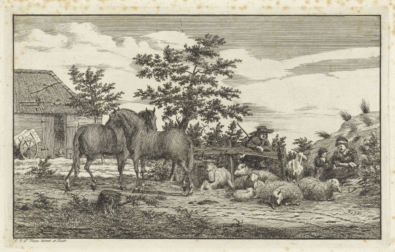 Hyrde med sittende kvinne og barn med sauer og to hester av Vincent Jansz. van der Vinne