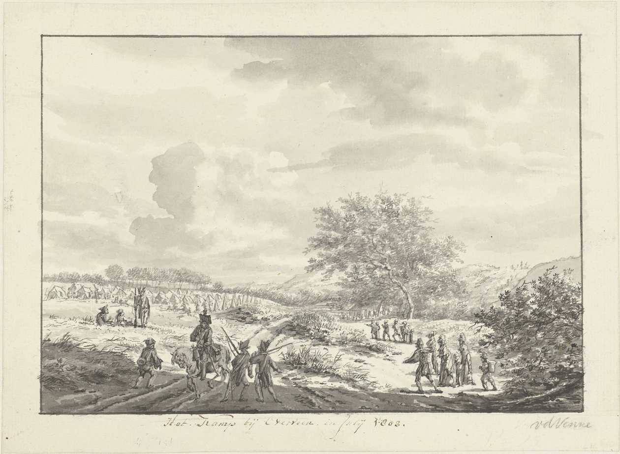 Hærens leir i sanddynene nær Overveen i juli 1803 Leiren nær Overveen, i juli 1803 (tittel på objekt) av Vincent Jansz. van der Vinne