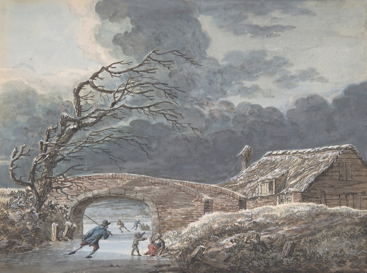 Vinterlandskap med skatere på en frossen kanal, n.d. av Vincent Jansz. van der Vinne