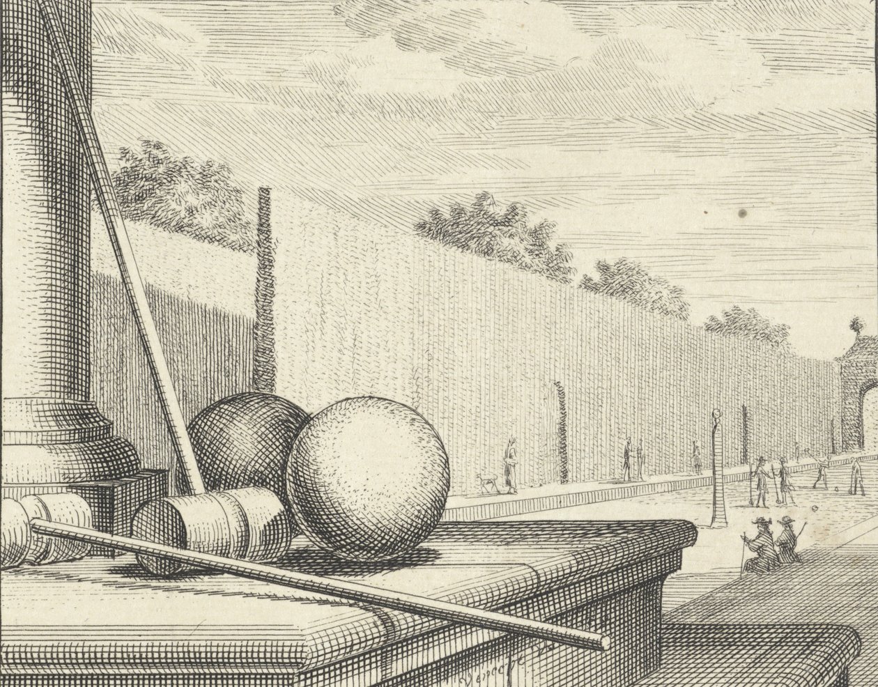 Krokketattributter med krokketspillere i bakgrunnen, 1714. av Vincent Laurensz Vinne van der