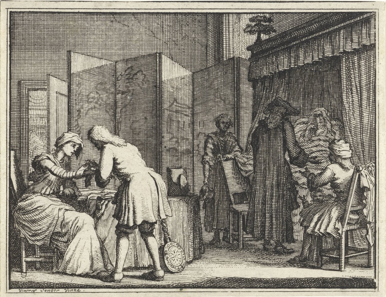 Figurer rundt en sykeseng og en lege som forbinder en kvinne av Vincent Laurensz. van der Vinne (II)
