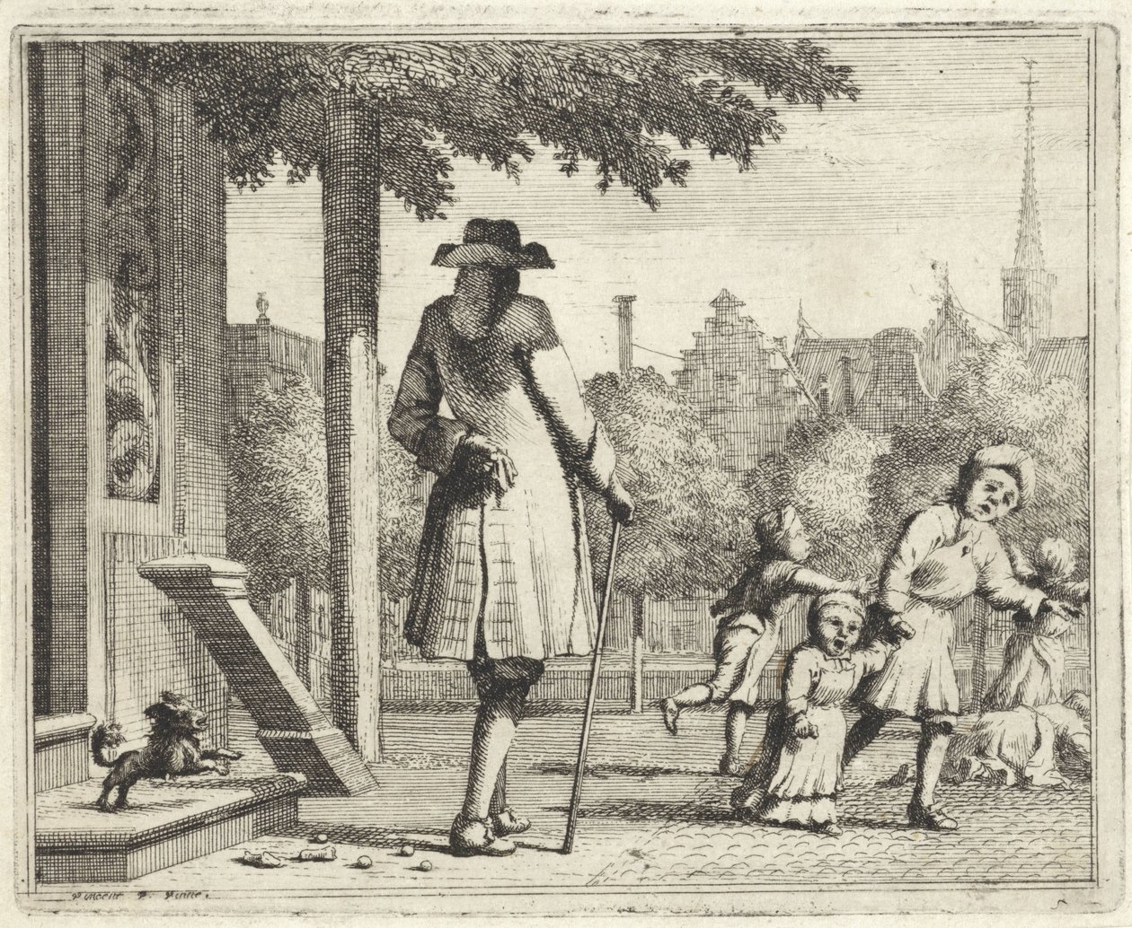 Hund bjeffer på en mann i en gate av Vincent Laurensz. van der Vinne (II)
