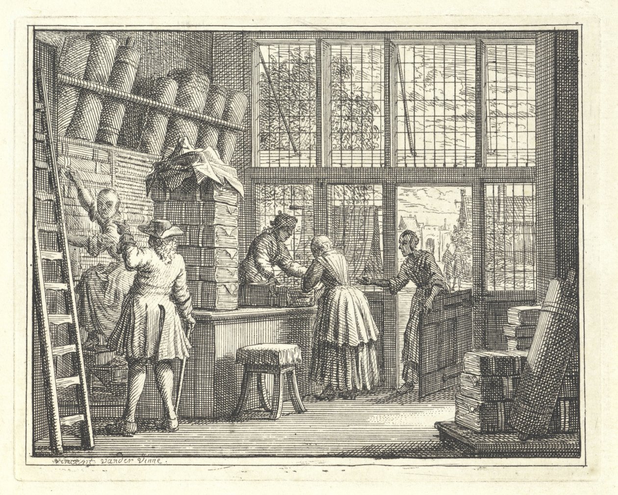 Interiør i en stoffbutikk av Vincent Laurensz. van der Vinne (II)